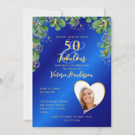 Invitación Royal Blue & Gold 50 y fabulosa vegetación Cumplea