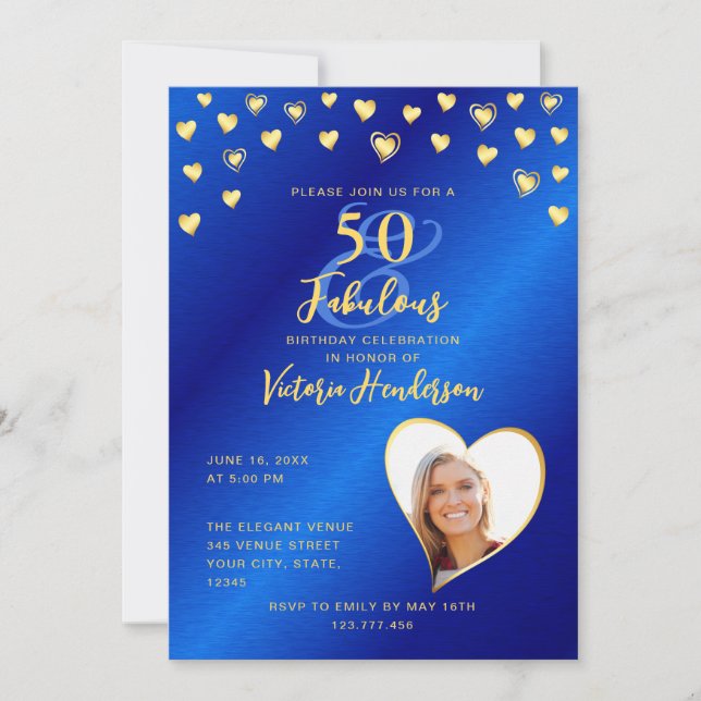 Invitación Royal Blue & Gold 50 y fabuloso cumpleaños (Anverso)