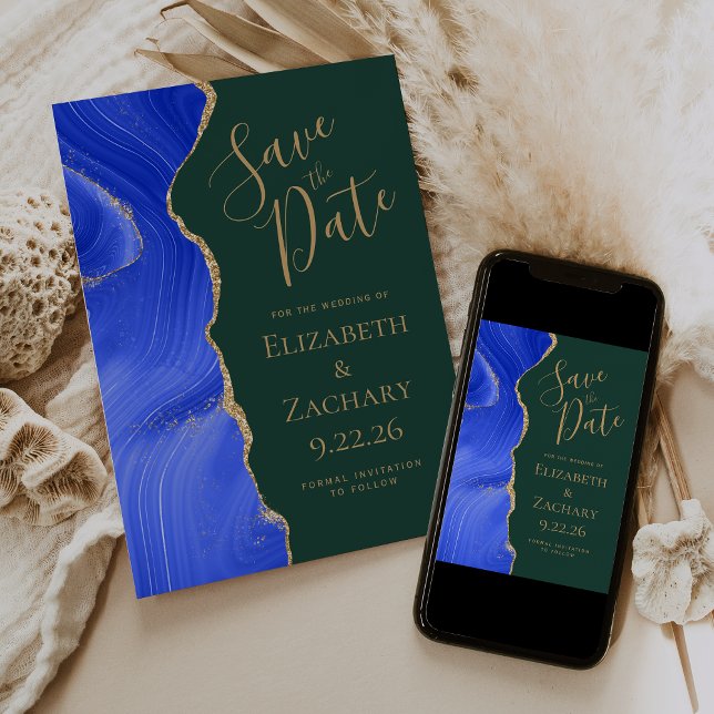 Invitación Royal Blue Gold Agate Emerald Green Save the Date (Subido por el creador)