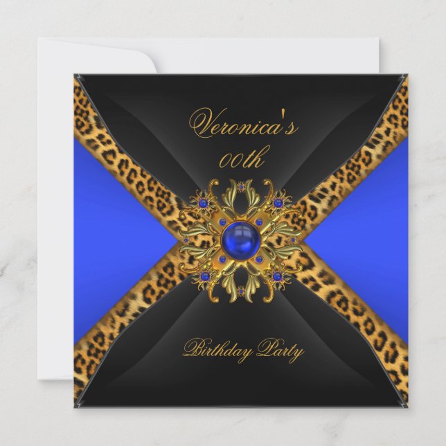 Invitación Royal Blue Gold Black Leopardo Jewel Birthday Part (Anverso)