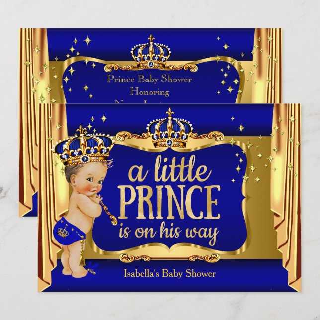 Invitación Royal Blue Gold Boy Prince Baby Shower Brunette (Anverso / Reverso)