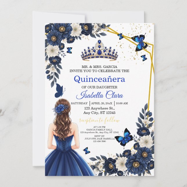 Invitación Royal Blue Gold Butterfly Quinceañera Invite (Anverso)
