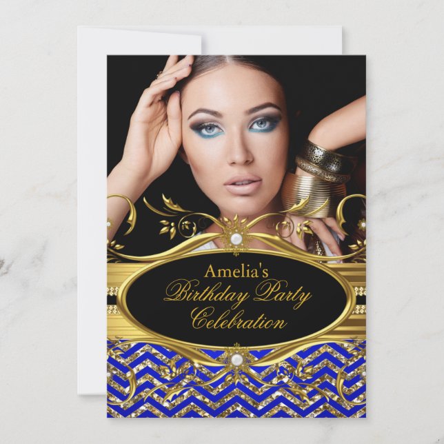 Invitación Royal Blue & gold Chevron Diamond Photo Birday (Anverso)