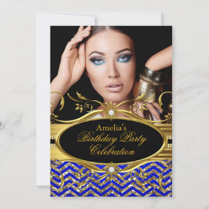Invitación Royal Blue & gold Chevron Diamond Photo Birday