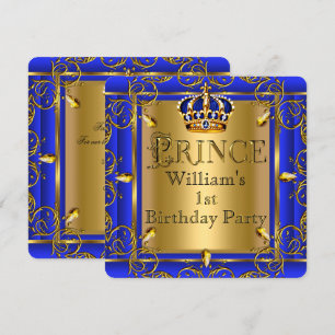Invitación Royal Blue Gold Corona Príncipe 1er Cumpleaños Niñ