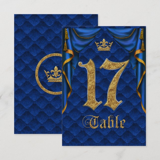 Invitación Royal Blue Gold Crown Mesa Número 17 Bodas (Anverso / Reverso)
