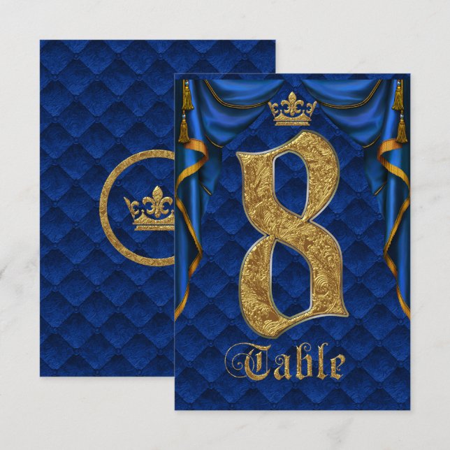 Invitación Royal Blue Gold Crown Mesa Número 8 de Boda (Anverso / Reverso)