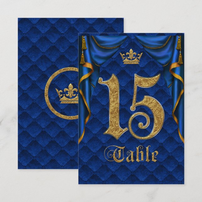 Invitación Royal Blue Gold Crown Mesa Número de Boda 15 (Anverso / Reverso)