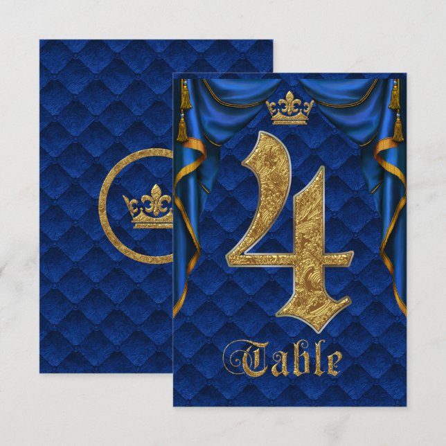 Invitación Royal Blue Gold Crown Mesa Número de Boda 4 (Anverso / Reverso)