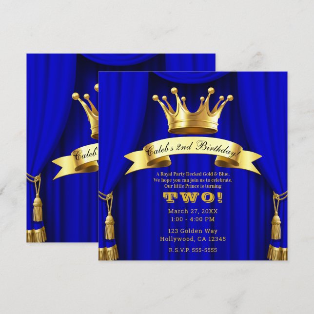 Invitación Royal Blue Gold Crown Prince Partido de Cumpleaños (Anverso / Reverso)
