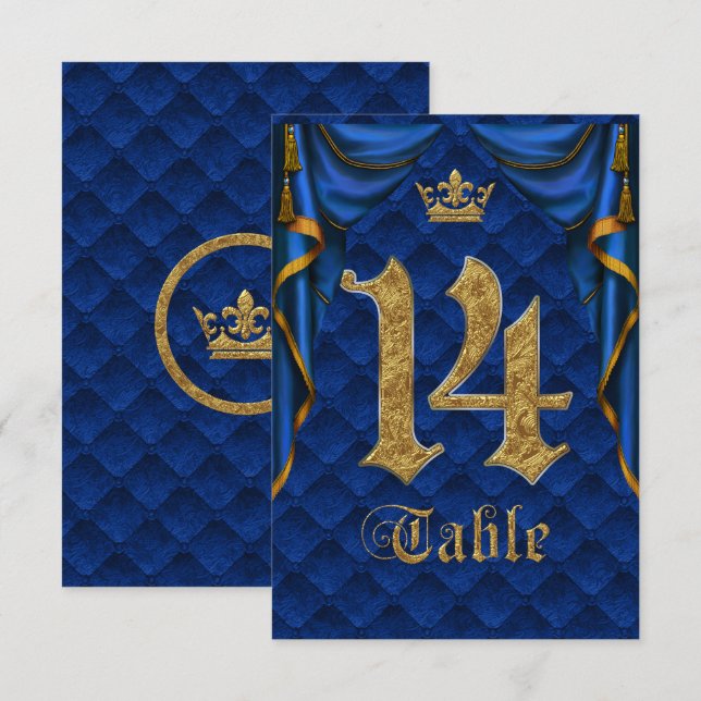 Invitación Royal Blue Gold Crown Wedding Mesa Número 14 (Anverso / Reverso)