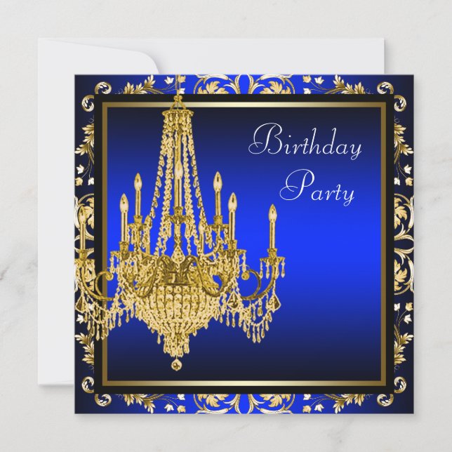 Invitación Royal Blue Gold Damask Chandelier Fiesta de cumple (Anverso)