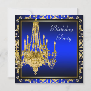 Invitación Royal Blue Gold Damask Chandelier Fiesta de cumple