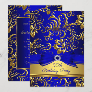 Invitación Royal Blue Gold Damask fiesta de cumpleaños número