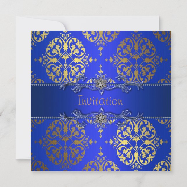 Invitación Royal Blue Gold Damask Fiesta de todas las ocasion (Anverso)