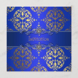 Invitación Royal Blue Gold Damask Fiesta de todas las ocasion