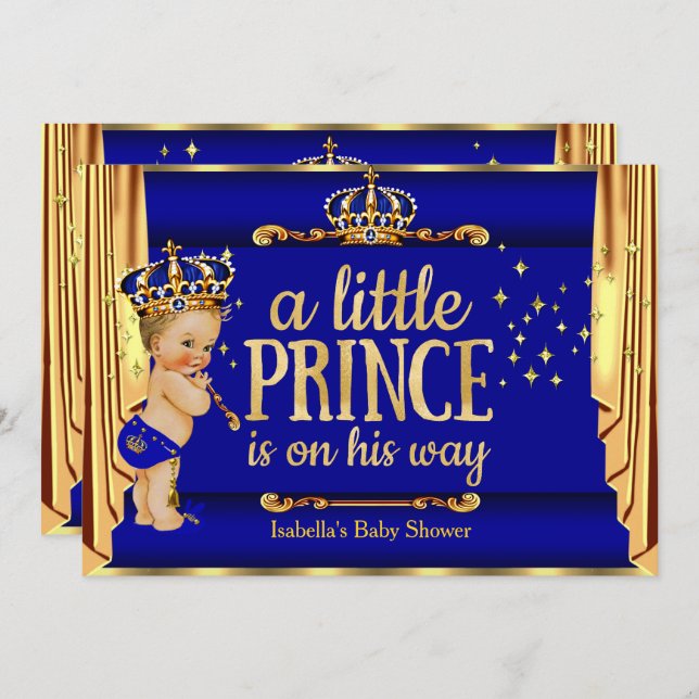 Invitación Royal Blue Gold Drapes Prince Baby Shower Blonde (Anverso / Reverso)