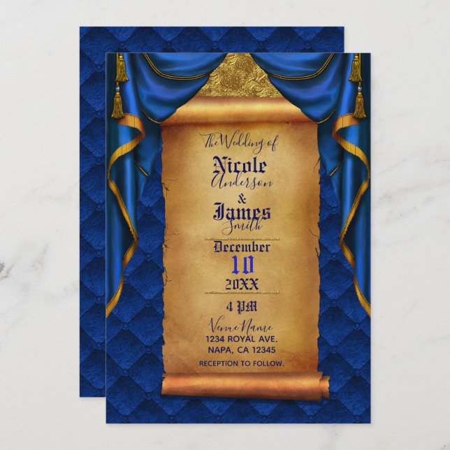Invitación Royal Blue & Gold Drapes Scroll Boda (Anverso / Reverso)