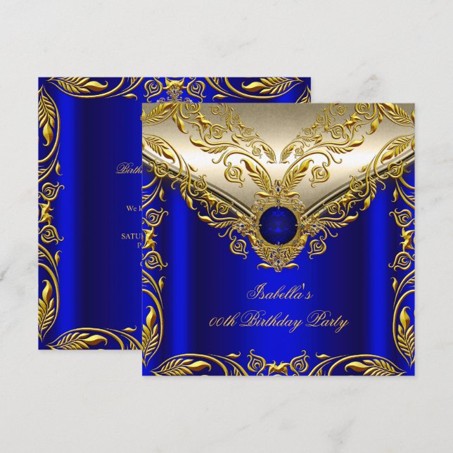 Invitación Royal Blue Gold Elegant Elite Fiesta de Cumpleaños (Anverso / Reverso)