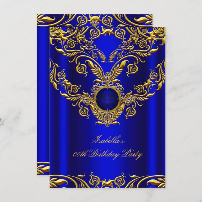 Invitación Royal Blue Gold Elegant Elite Partido de Cumpleaño (Anverso / Reverso)
