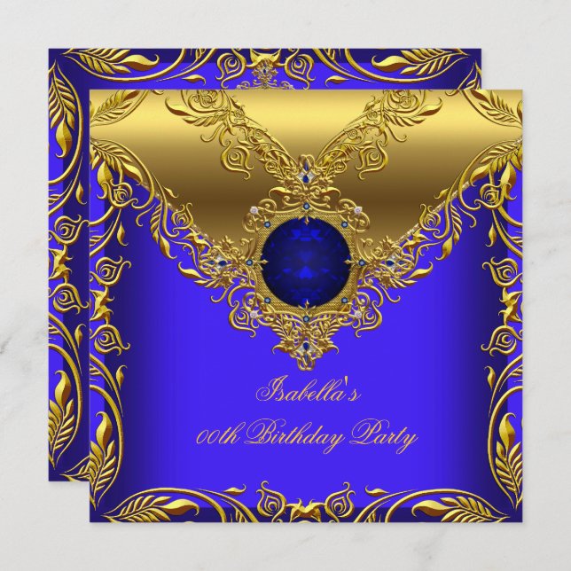 Invitación Royal Blue Gold Elegant Elite Partido de Cumpleaño (Anverso / Reverso)