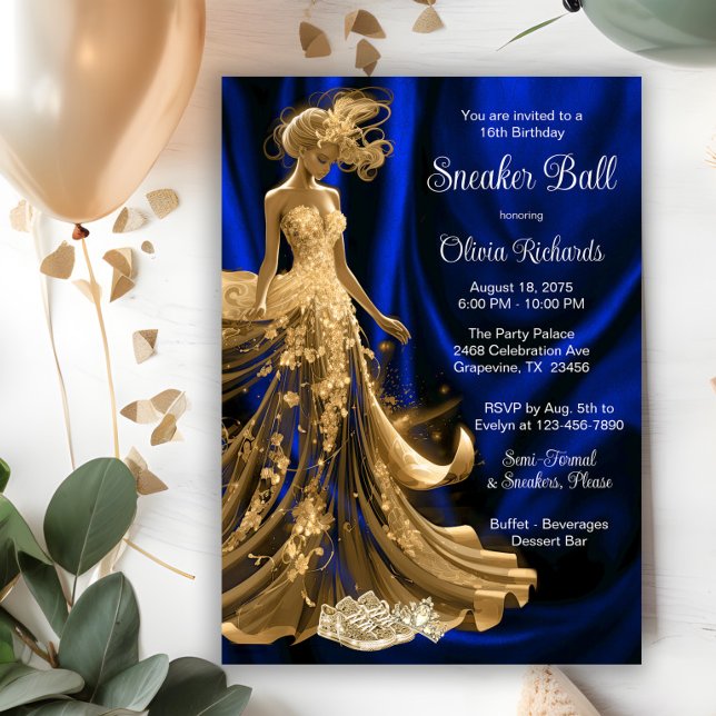 Invitación Royal Blue Gold Elegant Sneaker Ball (Elegant royal blue gold sneaker ball invitation. All text, font and wording can be changed.)