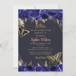 Invitación Royal Blue Gold Floral Butterfly Sweet 16