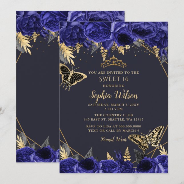 Invitación Royal Blue Gold Floral Butterfly Sweet 16 (Anverso / Reverso)