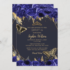 Invitación Royal Blue Gold Floral Butterfly Sweet 16