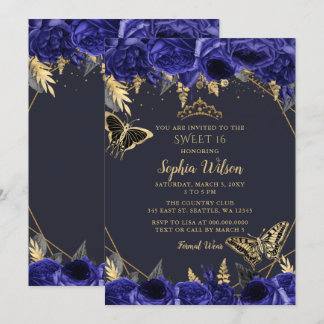 Invitación Royal Blue Gold Floral Butterfly Sweet 16