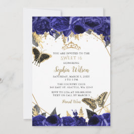 Invitación Royal Blue Gold Floral Butterfly Sweet 16
