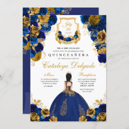 Invitación Royal Blue & Gold Floral Elegante Quinceañera