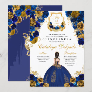 Invitación Royal Blue & Gold Floral Elegante Quinceañera