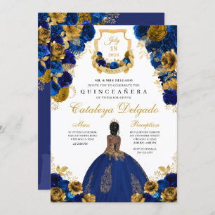 Invitación Royal Blue & Gold Floral Elegante Quinceañera