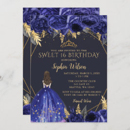Invitación Royal Blue Gold Floral Princess Sweet 16