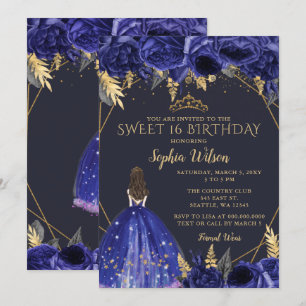 Invitación Royal Blue Gold Floral Princess Sweet 16