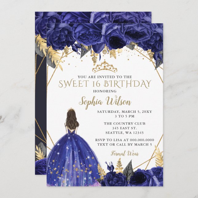 Invitación Royal Blue Gold Floral Princess Sweet 16 (Anverso / Reverso)