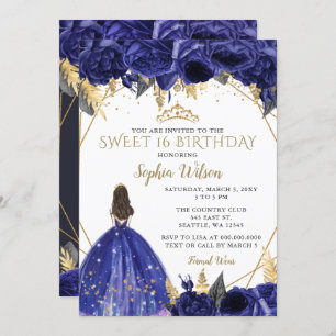 Invitación Royal Blue Gold Floral Princess Sweet 16