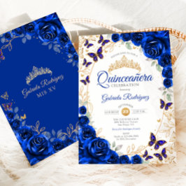 Invitación Royal Blue Gold Floral Quinceanera