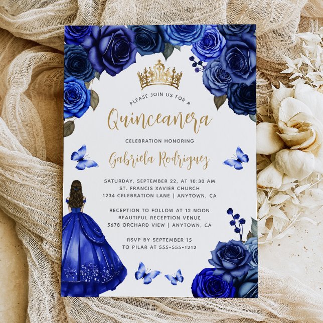 Invitación Royal Blue Gold Floral Quinceañera (Subido por el creador)