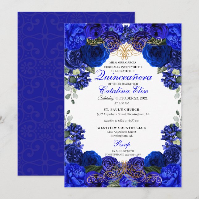 Invitación Royal Blue & Gold Floral Quinceanera Cumpleaños (Anverso / Reverso)