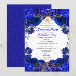 Invitación Royal Blue & Gold Floral Quinceanera Cumpleaños