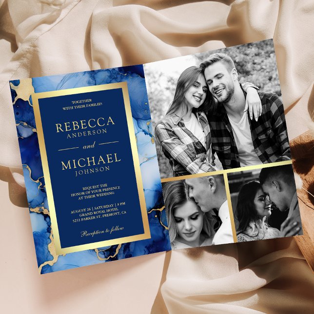 Invitación Royal Blue Gold Fluid Ink QR Code Wedding (Subido por el creador)