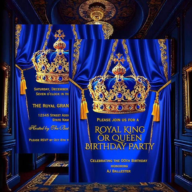 Invitación Royal Blue Gold King Queen Crown Birthday Party (Subido por el creador)