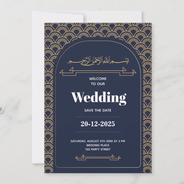 Invitación Royal Blue Gold Lace Código QR Boda musulmán (Anverso)