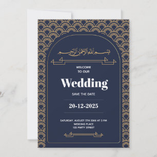 Invitación Royal Blue Gold Lace Código QR Boda musulmán