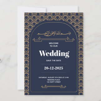 Invitación Royal Blue Gold Lace Código QR Boda musulmán