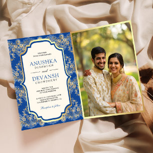 Invitación Royal Blue Gold Lace QR Código foto Boda indio