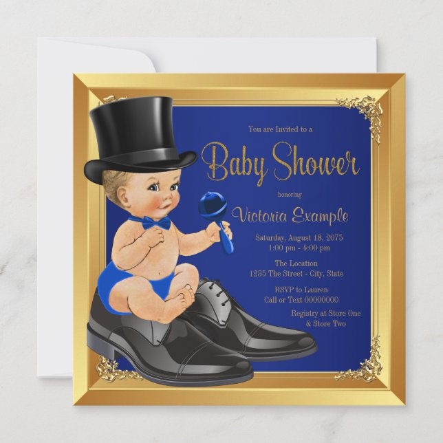 Invitación Royal Blue Gold Little Man Baby Shower (Anverso)