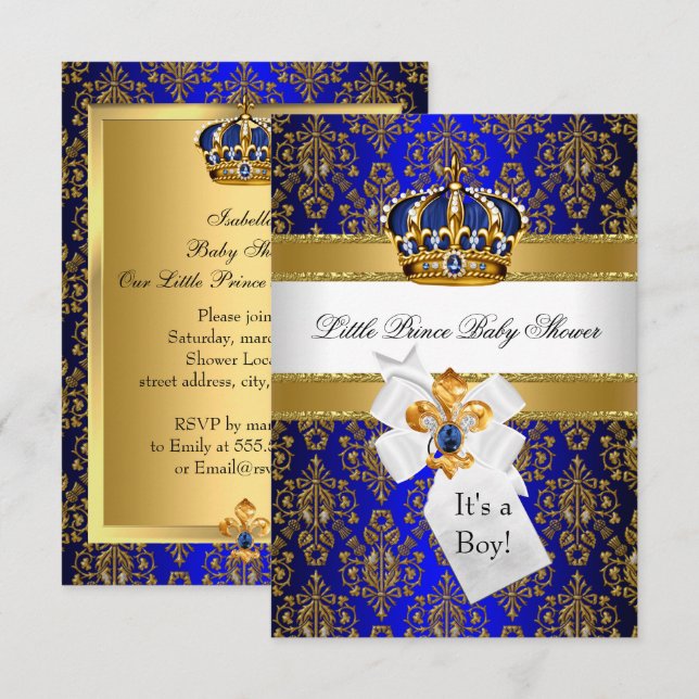 Invitación Royal Blue Gold Little Prince Crown Baby Shower (Anverso / Reverso)